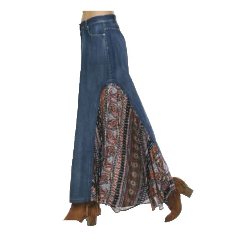 JOH Apparel Size S Denim Maxi Skirt w/ Fabric Side Inserts Upcycled Boho Hippie